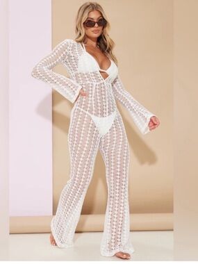 NWT PLT White Crochet Plunge Beach Jumpsuit